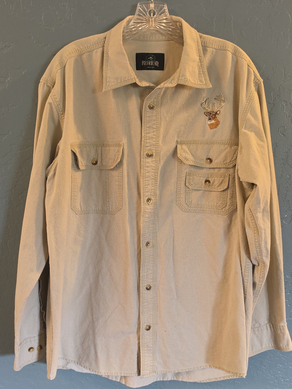 RedHead Men's Tan Button-Up Utility Shirt Jacket with Embroidered Deer